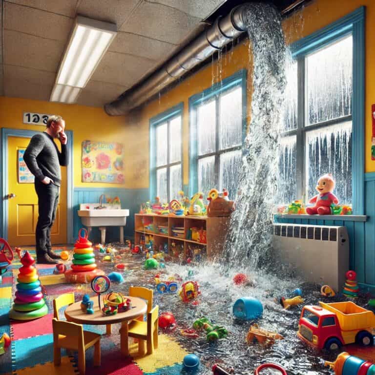 A flooded daycare with frozen pipes bursting from the ceiling, spraying water across the colorful play area. Toys, small chairs, and tables are scattered in the water, while icicles hang from the broken pipes. Large windows reveal snowy conditions outside, emphasizing the winter plumbing disaster. A shocked daycare owner stands in the background, assessing the damage.