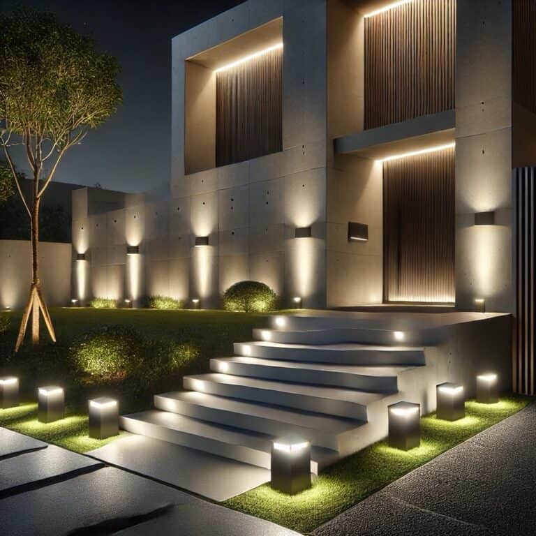 A modern home exterior at night with sleek, minimalist lighting design. Rectangular bollard lights highlight the front steps, while wall-mounted fixtures cast soft illumination on the contemporary facade. The scene exudes sophistication and elegance with its clean architectural lines and warm lighting.