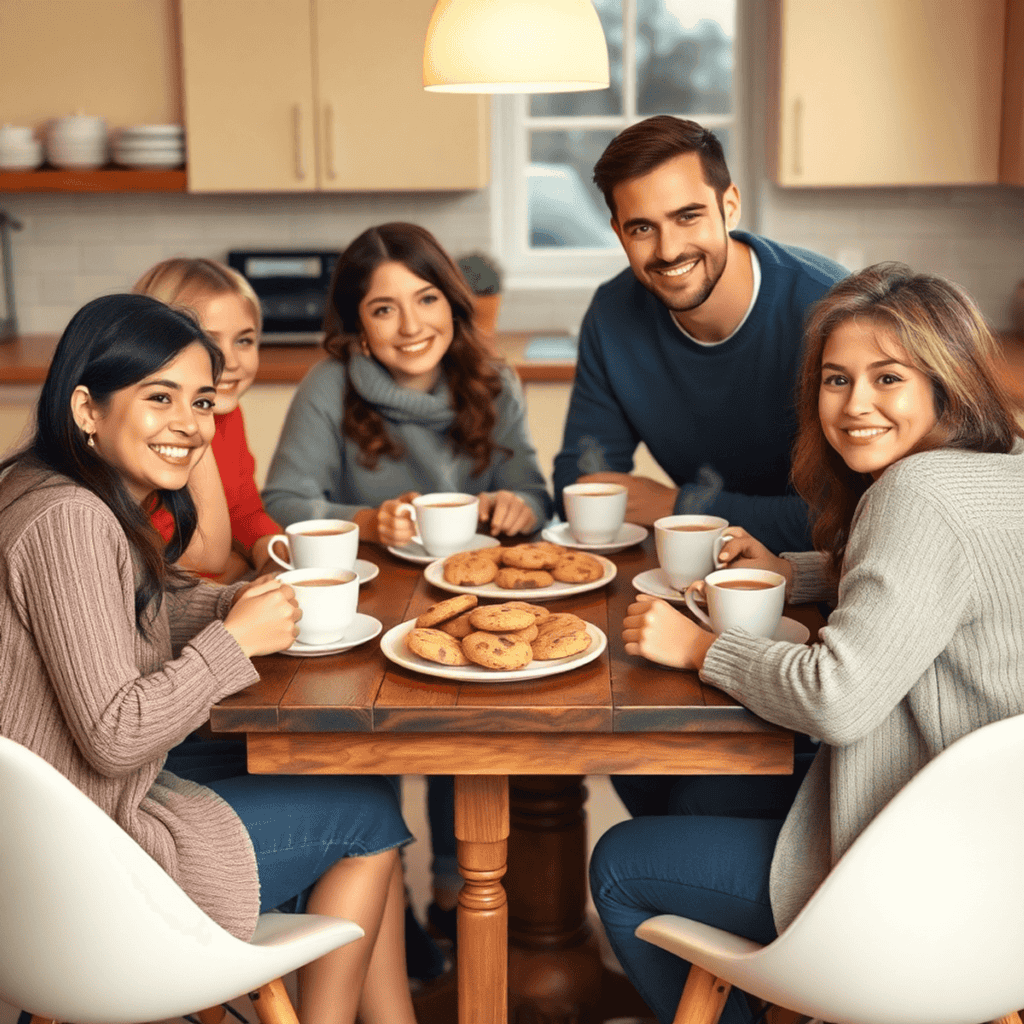 Family eating cookies and tea in their kitchen.