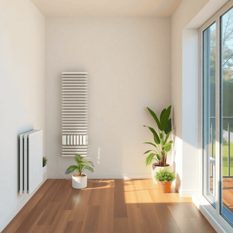 A modern home interior showcasing an energy-efficient heating system, abundant natural light, and eco-friendly plants, emphasizing sustainability and comfort.