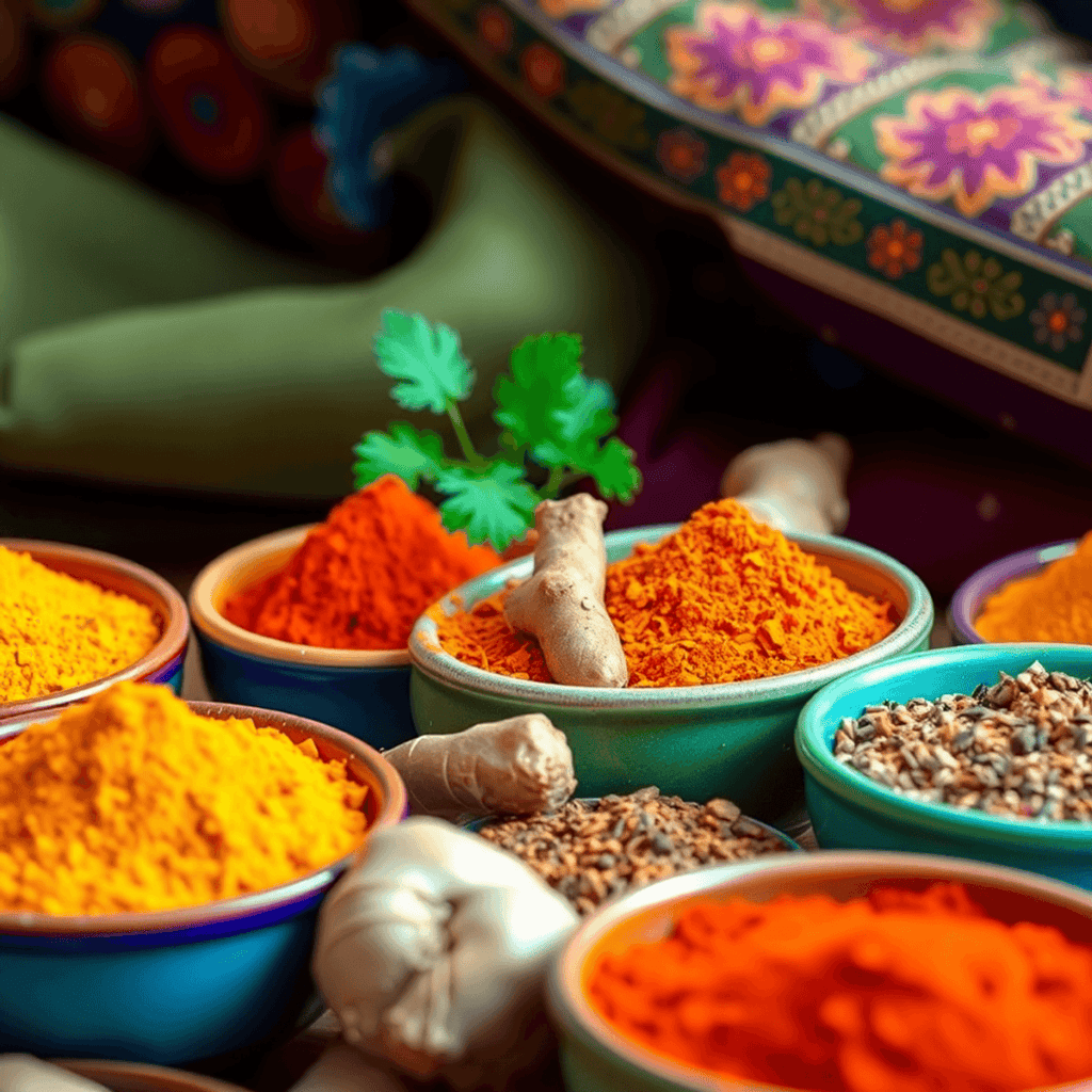 Indian spices in colourful bowls depicting the health benefits of Indian spices.