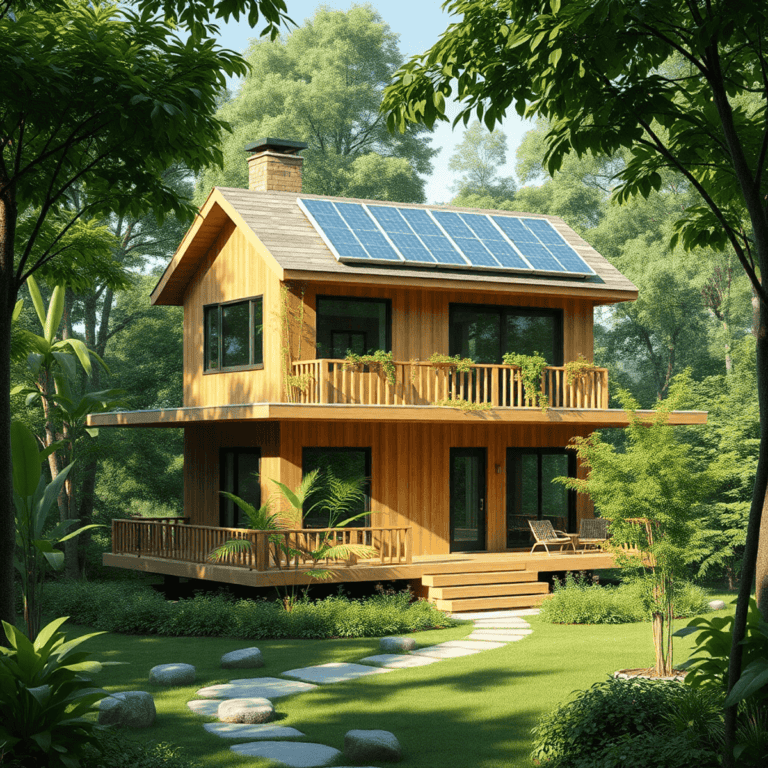 A two-story wooden home with solar panels on the roof, surrounded by lush greenery and a landscaped garden. The scene showcases sustainable living with eco-friendly architecture and renewable energy in a serene natural setting.