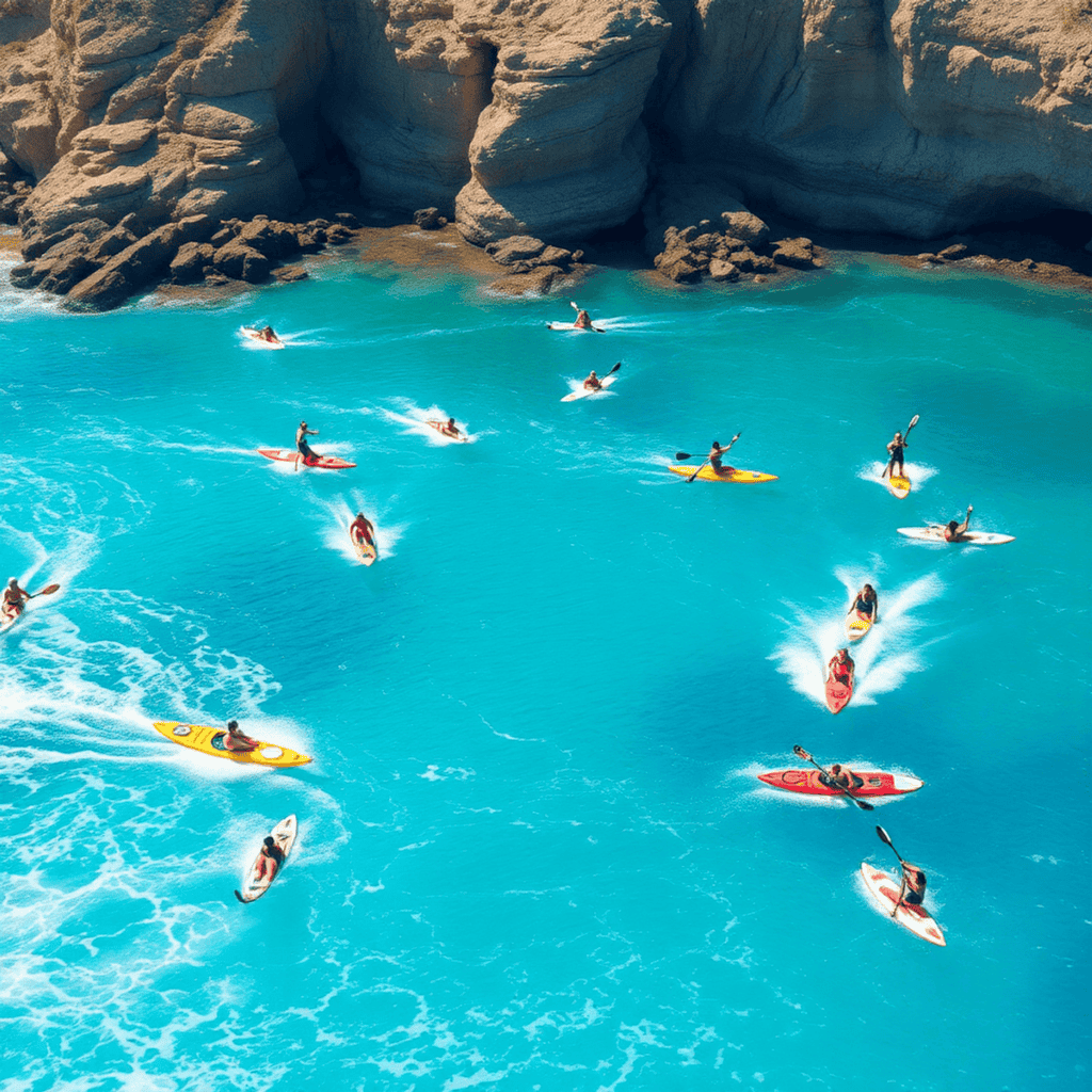 Dozens of kayakers paddle through bright turquoise water near rocky cliffs, enjoying the calm sea and sunshine. Coastal areas provide endless opportunities for water sports and connecting with the ocean.