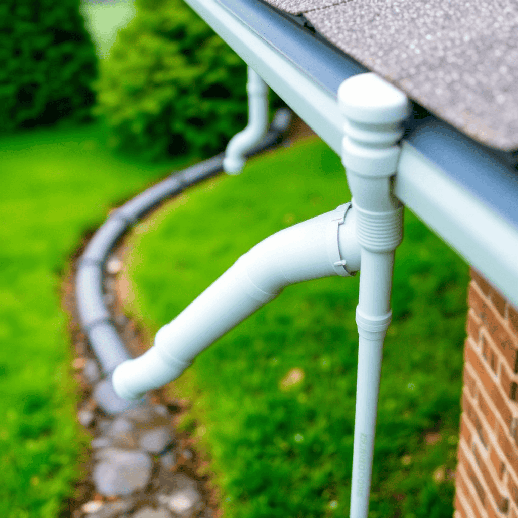 A close-up view of a home's gutter system with a downspout leading rainwater to a curved drainage pipe that runs along a landscaped yard. The setup highlights an effective water management system, promoting proper drainage and lawn protection.