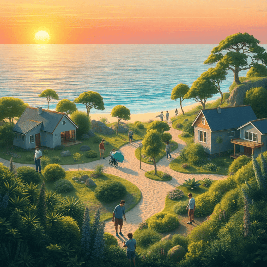 A charming seaside village with cozy cottages, lush greenery, and people strolling on sandy paths under a golden sunset. Coastal living fosters a sense of community and a tranquil lifestyle surrounded by nature.