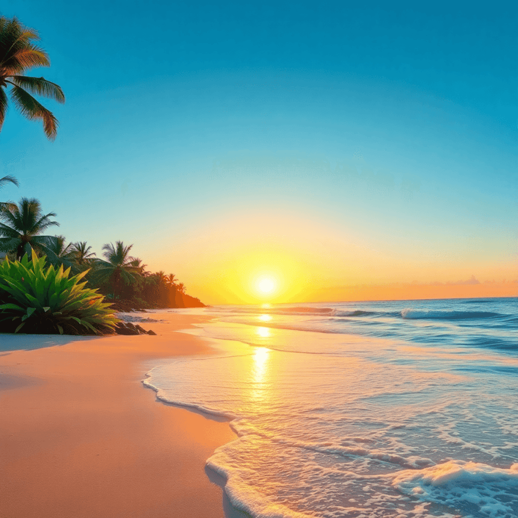 A serene beach at sunset with gentle waves, vibrant tropical plants, and a clear blue sky, creating a peaceful and relaxing atmosphere.