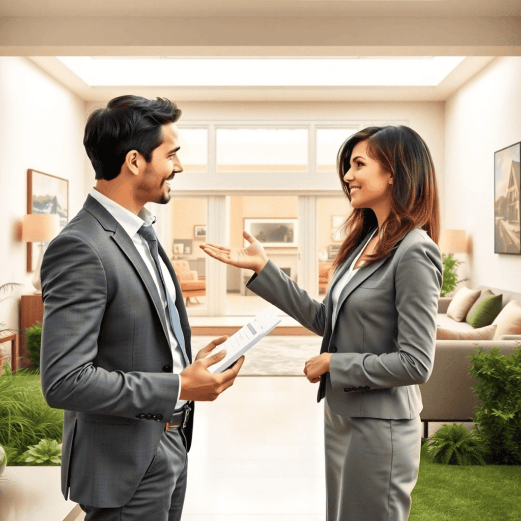 A real estate agent and a homebuyer in professional attire discussing property options in a well-lit modern living room, highlighting the personalized service and guidance a real estate firm provides.