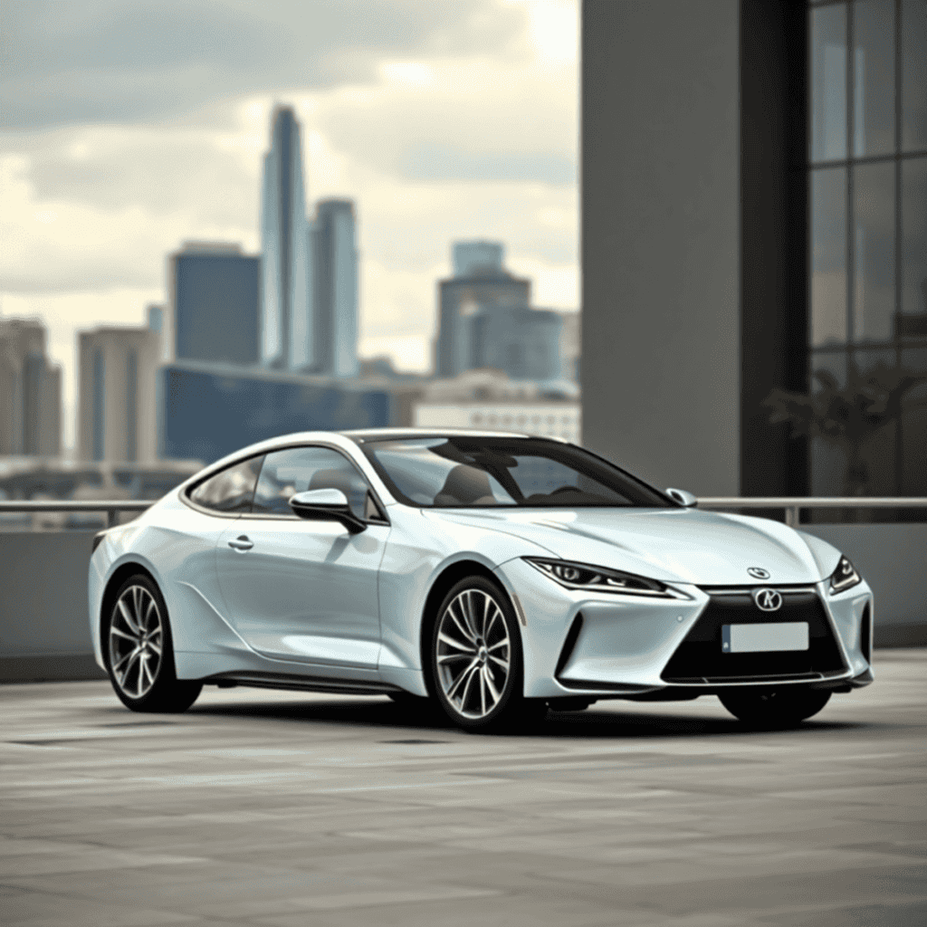 A sleek luxury car parked in an upscale urban setting, highlighting its sophisticated design against a stunning skyline, conveying comfort and exclusivity.