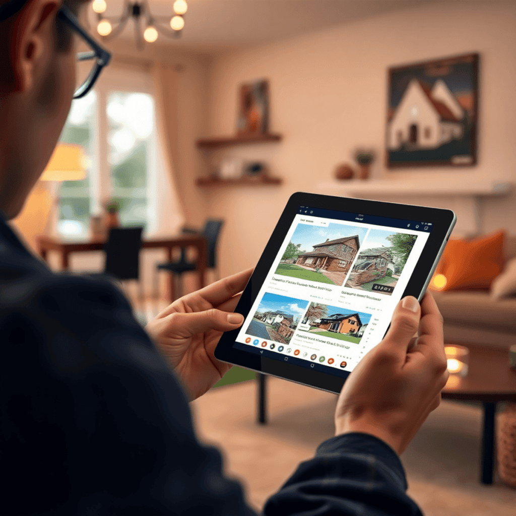 A potential homebuyer browsing real estate listings on a tablet in a cozy living space, emphasizing the ease of access to curated home listings through a real estate firm.