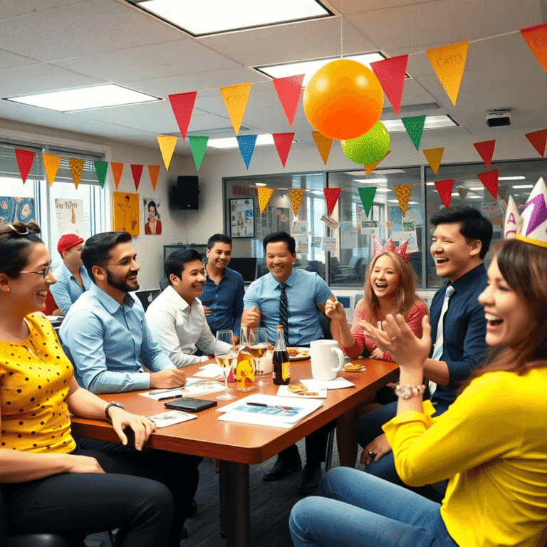 smiling diverse office workers celebrating success together, demonstrating employee recognition and team collaboration in a modern workplace setting.