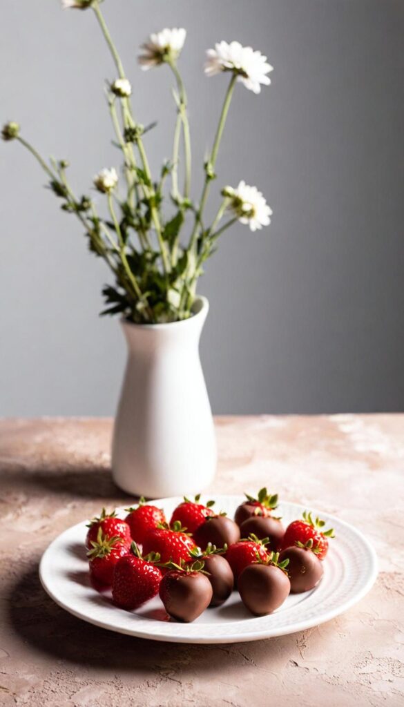 A plate of glossy chocolate-dipped strawberries sits next to a vase of daisies, combining elegance with a pop of colour. These are a perfect no-fuss treat to impress guests at your next event.