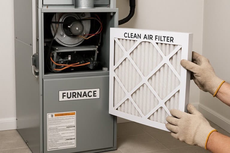 Replace furnace air filter for improved indoor air quality and HVAC efficiency. Proper maintenance ensures safe, clean, and healthy home air.