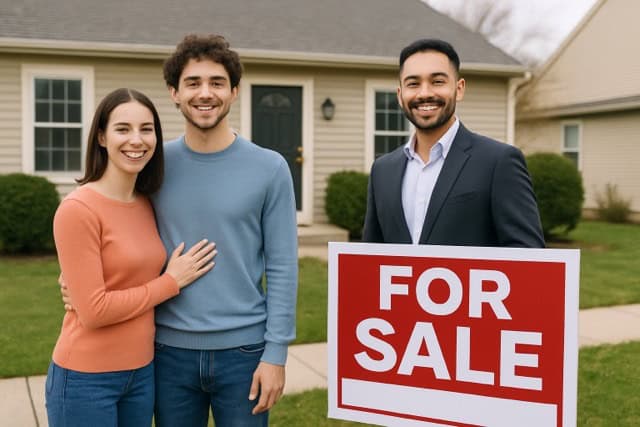 Affordable homes for sale with happy buyers outside a new house.