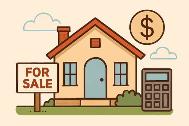 House for sale with price tag, real estate, property investment concept, digital illustration.