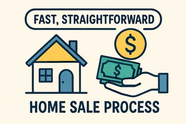 Fast home sale process illustration with house and dollar sign.
