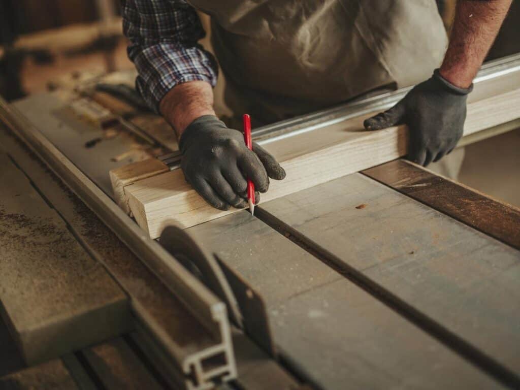 Cutting wood on a table saw for woodworking projects at a workshop.