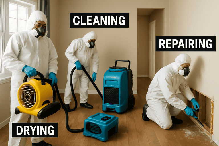 High-quality professional cleaning team with equipment, performing cleaning, repairing, and drying chores.